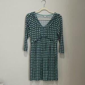 Boden blue green button print jersey knit dress empire waist‎ pleat front US 8R